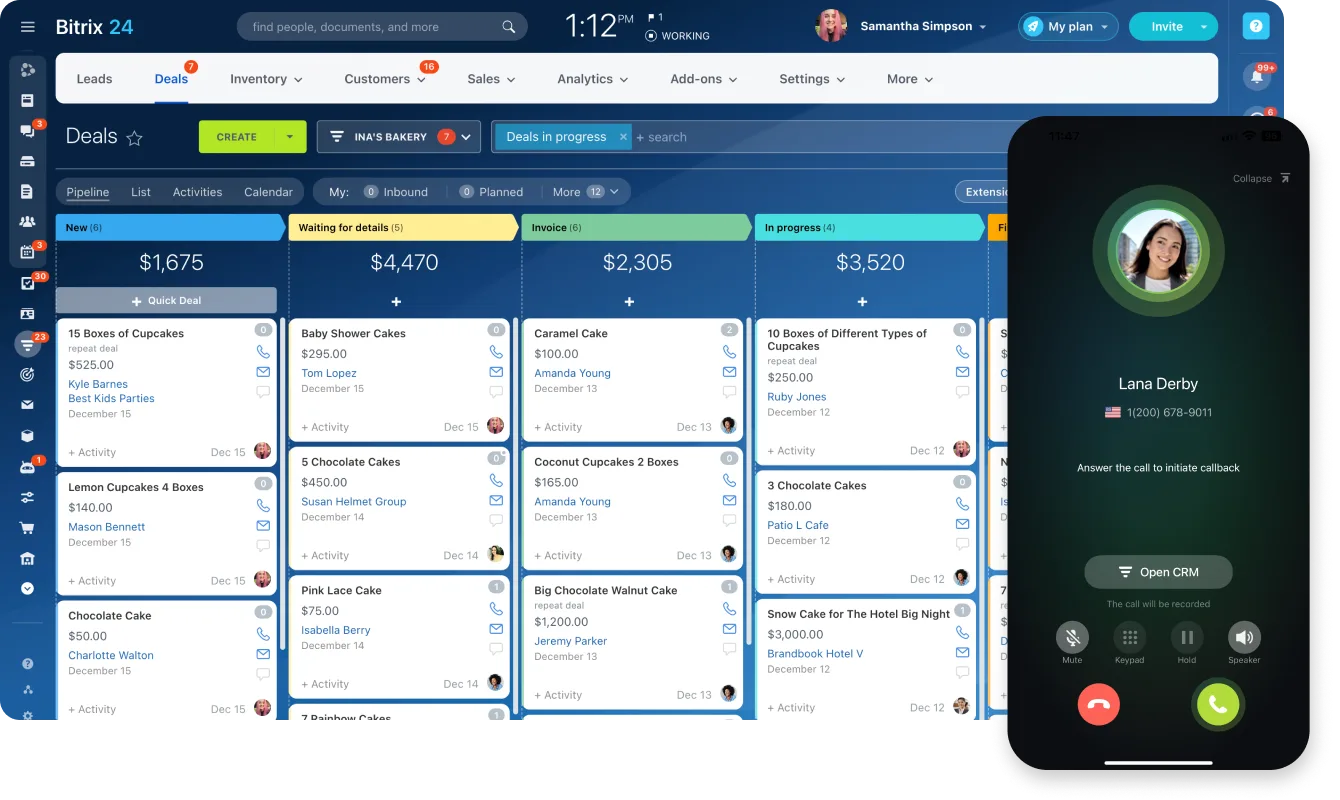 Bitrix24 CRM Dashboard showing deals and contacts management